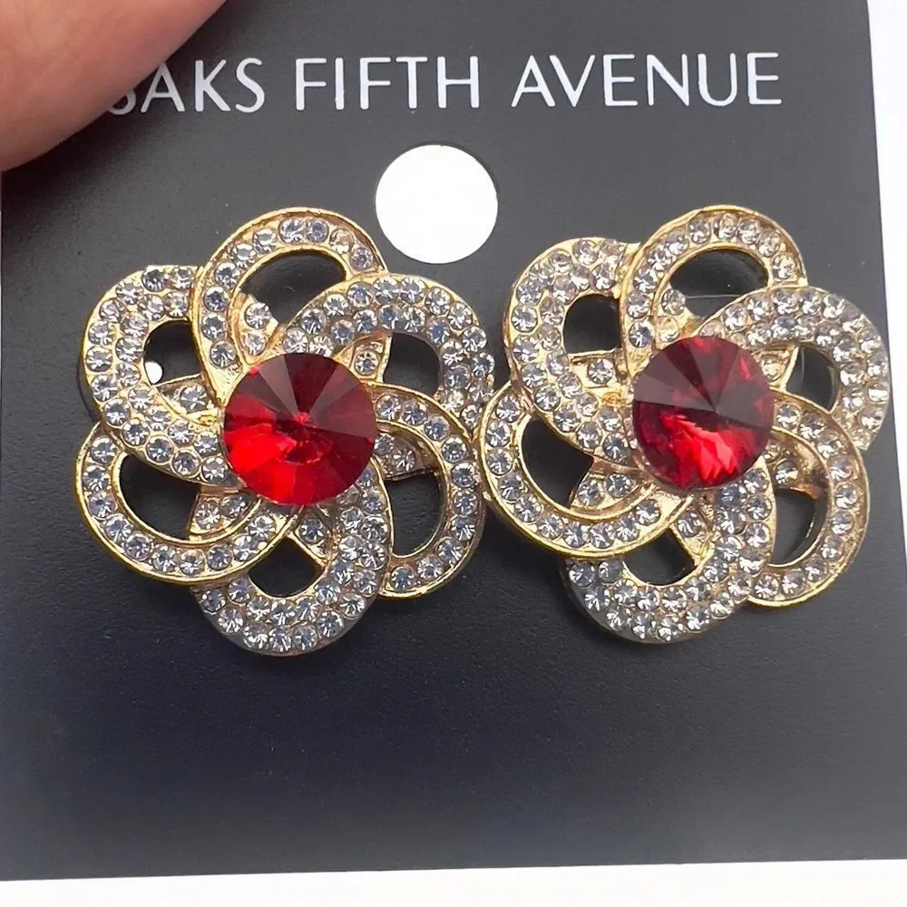 Saks Fifth Avenue Gold and Red Floral Earrings